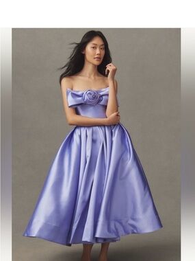 Lavender Strapless Satin Tea-Length Dress with Rosette